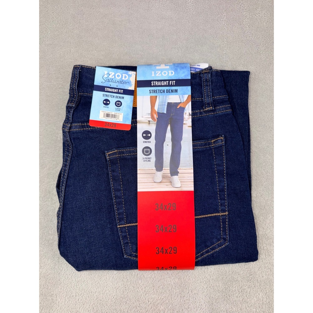 IZOD Saltwater Mens 34X29 Straight Fit Stretch Denim Jeans Dark Blue 1566219